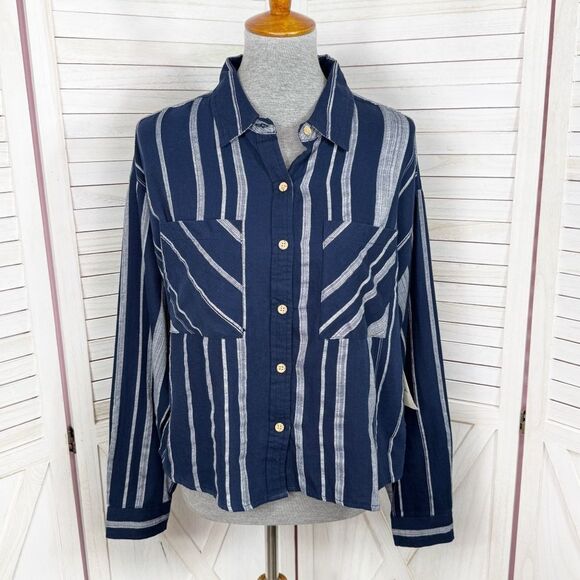 Sandy & Sid Tops - Sandy & Sid Striped Long Sleeve‎ Button Up Crop Shirt Blue White Large